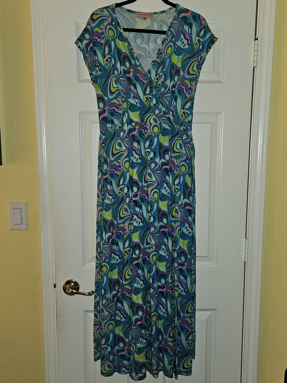 Abstract Teal & Purple Maxi Dress with V-Neck
